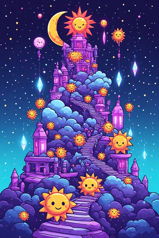 Whimsical pastel cloud castle with a winding staircase lined with cute smiling suns under a starry crescent moon sky