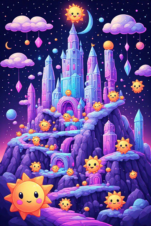 Cute blushing cartoon sun characters gather around a pastel crystal fairytale castle under a starry magical sky