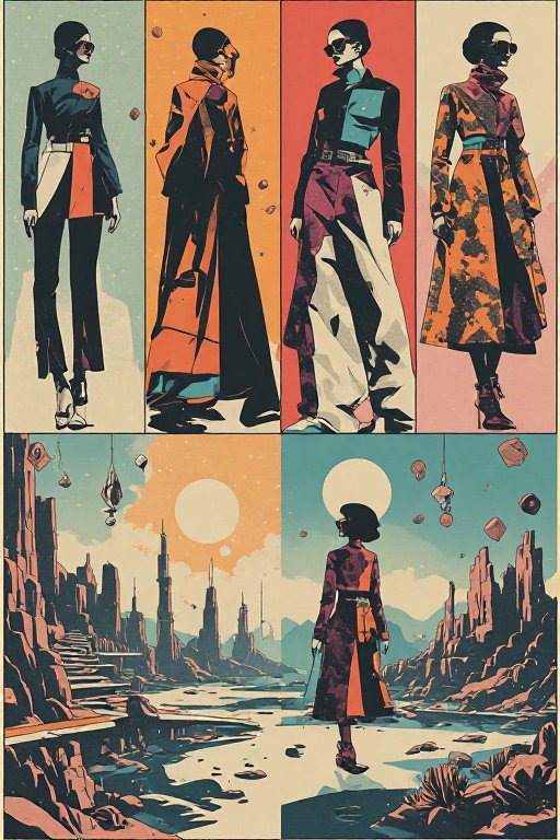 Retro comic style panel grid showing futuristic high fashion designs and an alien desert cityscape
