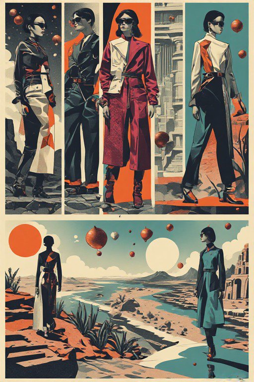 Grid of retro-futurist fashion illustrations featuring sleek models in bold avant-garde outfits against surreal alien