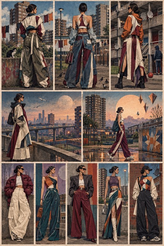 Grid collage of editorial streetwear fashion looks set against urban housing estate backdrops