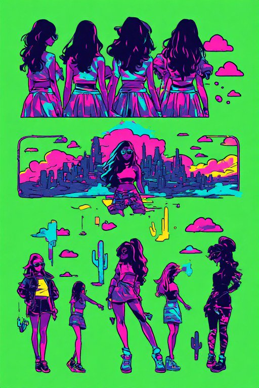 Vibrant retro pop art character sheet of cyberpunk girls on a bright lime green background