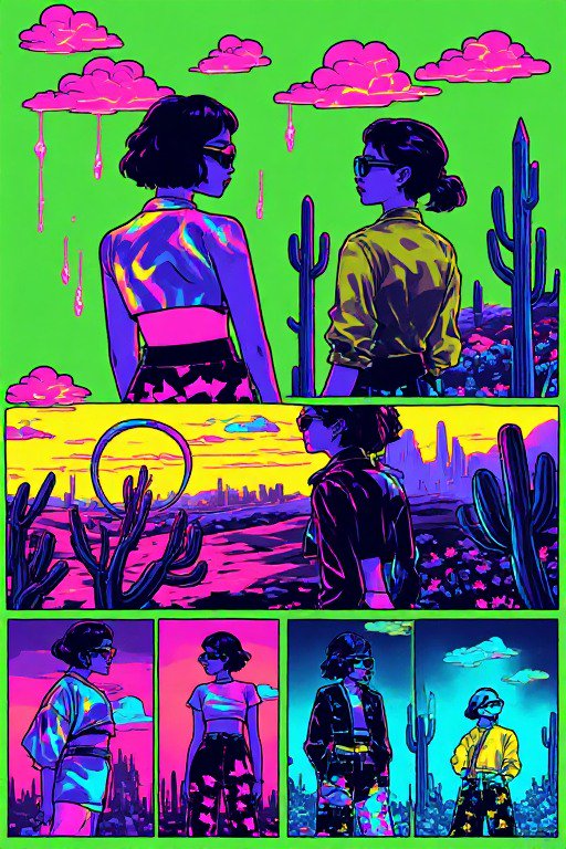 Psychedelic neon comic page of stylized characters standing in a surreal vibrant desert landscape with saguaro cacti