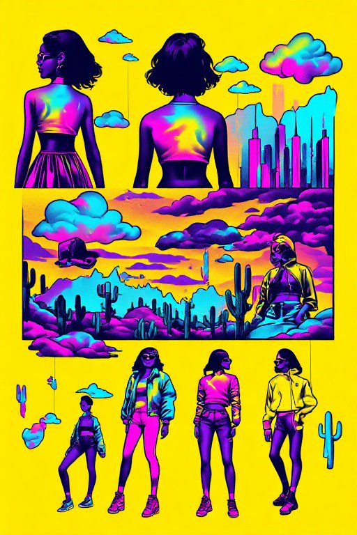 Vibrant neon pop art illustration of stylish streetwear women, desert cacti and city skyline on bright yellow background