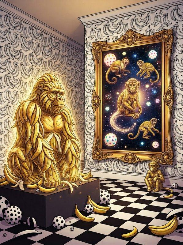 Surreal illustration of a golden banana gorilla statue in a banana-patterned room with cosmic monkey artwork