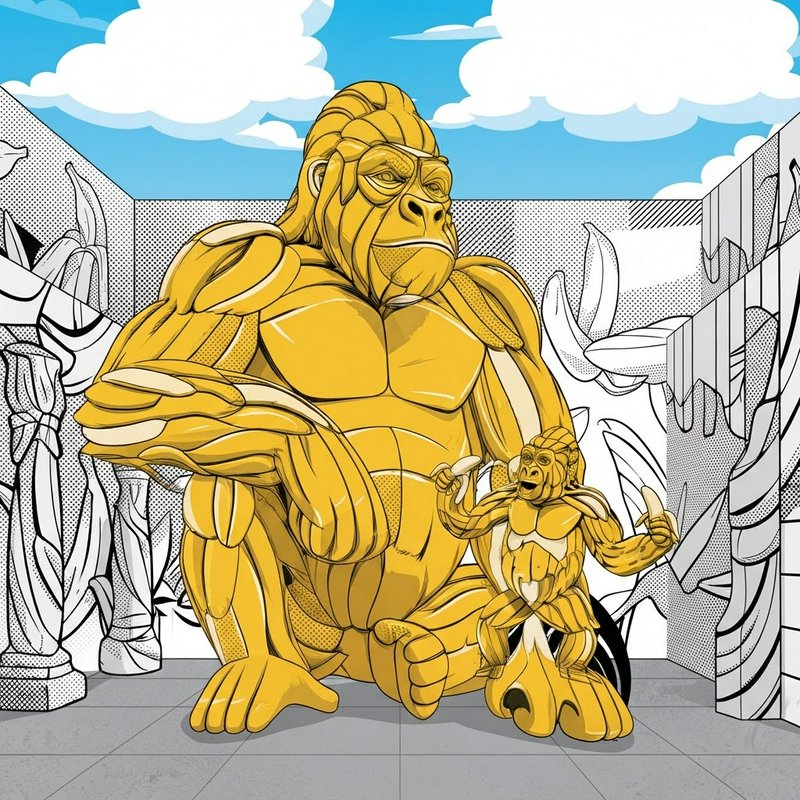 Golden banana-constructed adult gorilla sits next to a smaller playful golden gorilla in a comic gallery setting