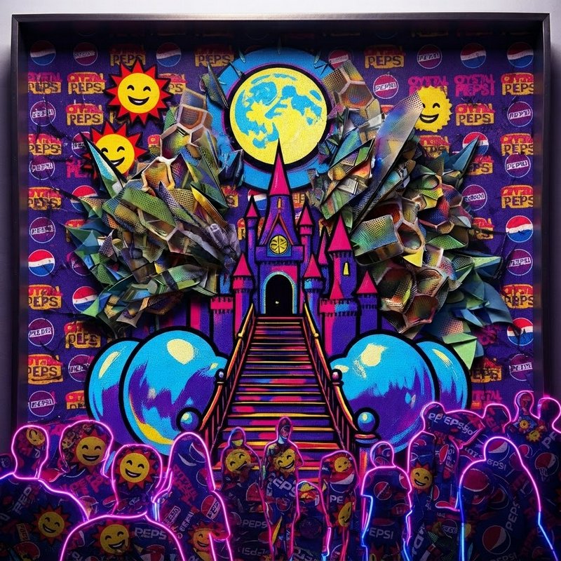 Framed maximalist pop art collage of a colorful fantasy castle with smiley suns and repeating Pepsi branding
