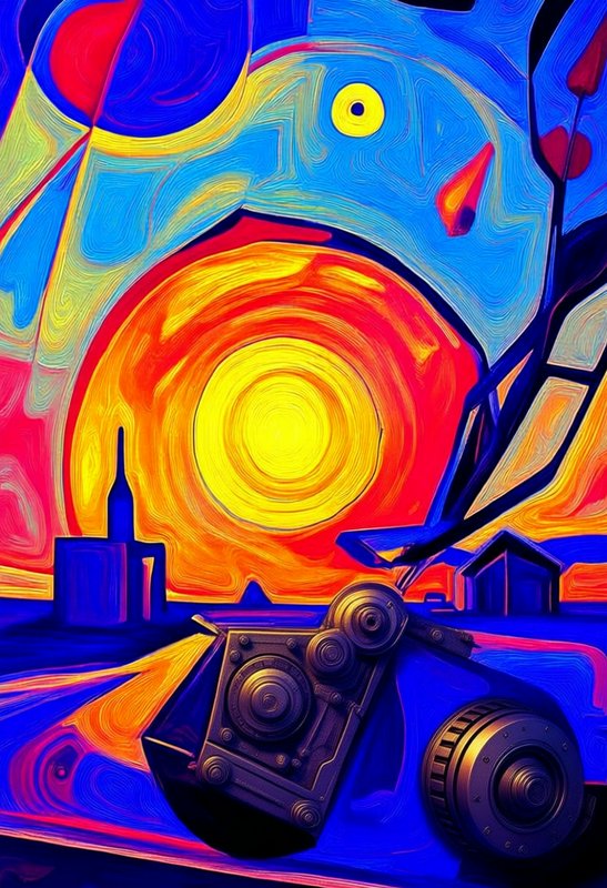 Swirling expressionist painting of a steampunk camera overlooking a bright vivid sunset over a small town skyline