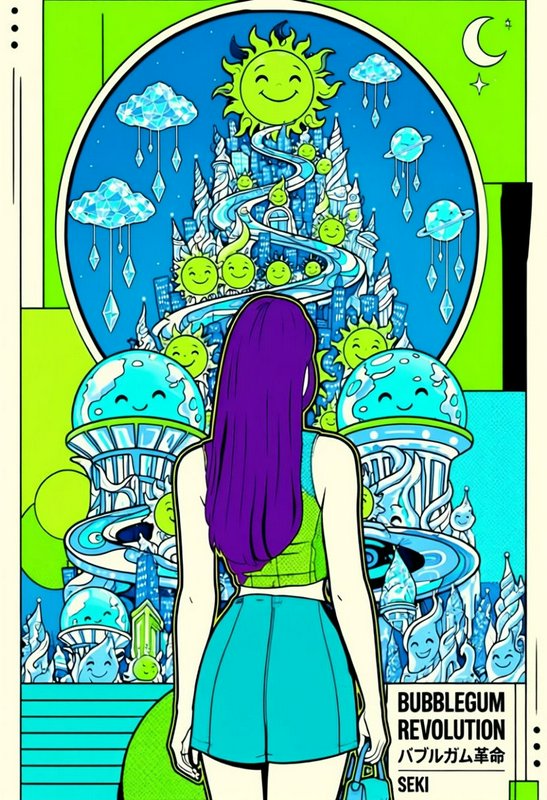 Woman with long purple hair stands viewing a whimsical surreal fantasy city full of cheerful cartoon celestial characters