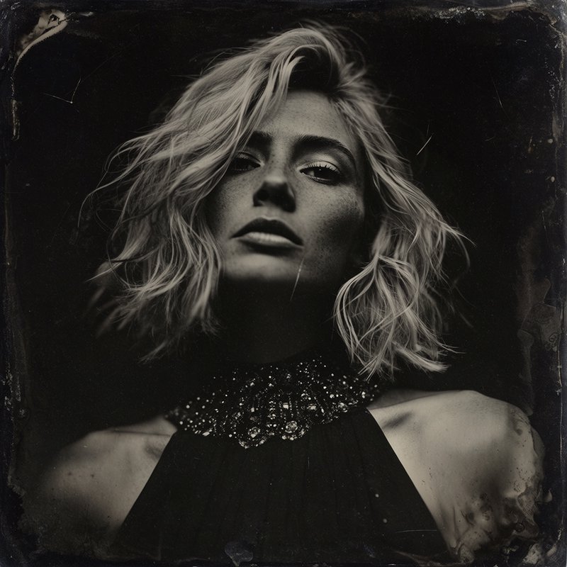 Vintage tintype close-up portrait of a blonde freckled woman with tousled wavy hair and beaded collar