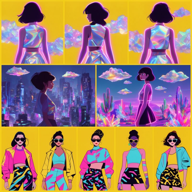 Grid of retro-futuristic illustration panels showing women in neon iridescent synthwave fashion