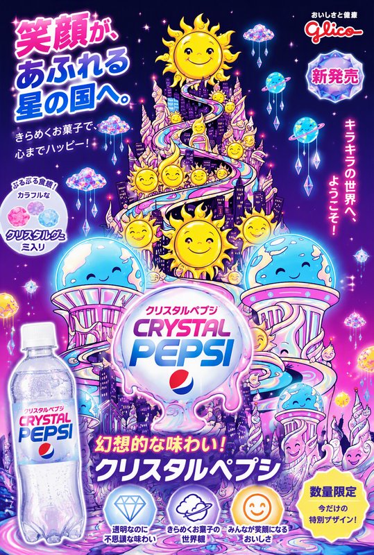Whimsical Japanese Crystal Pepsi advertisement featuring a surreal pastel fantasy cosmic city and smiling sun characters