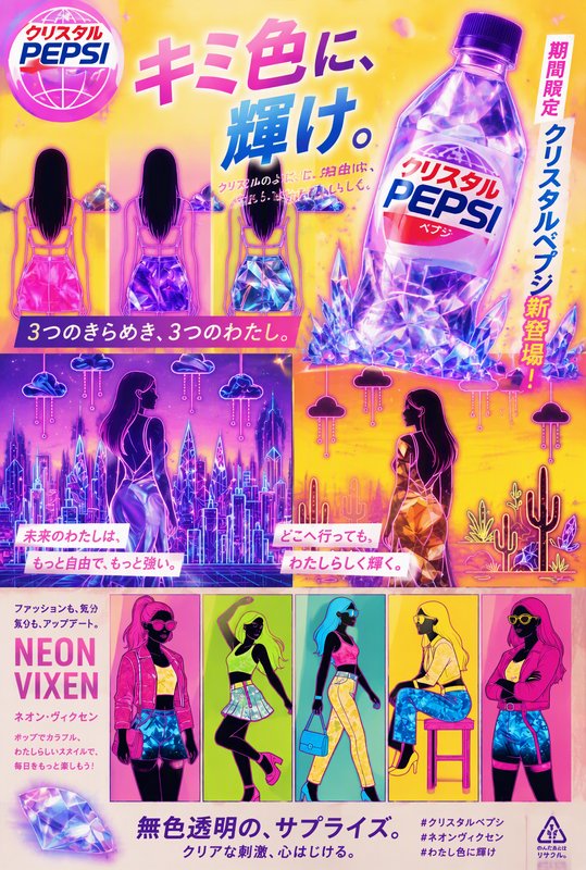 Vibrant retro anime-style Japanese promotional poster for limited edition Crystal Pepsi with illustrated character panels