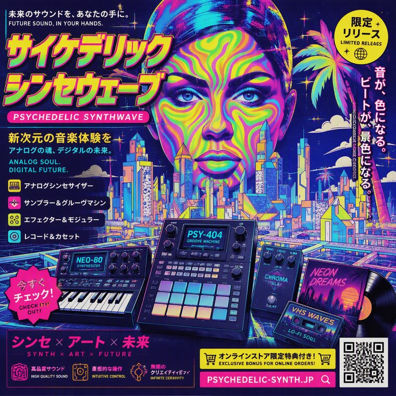 Psychedelic synthwave Japanese product poster featuring electronic music gear, retro-futuristic city, and swirling neon