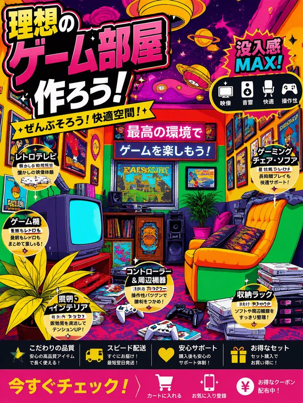 Vibrant retro anime illustration of a dream nostalgic Japanese gaming room full of vintage gaming gear