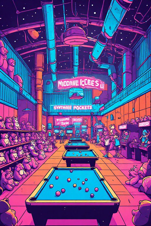 Vibrant neon cyberpunk arcade lined with pool tables, plush teddy bears, and glowing retro signage