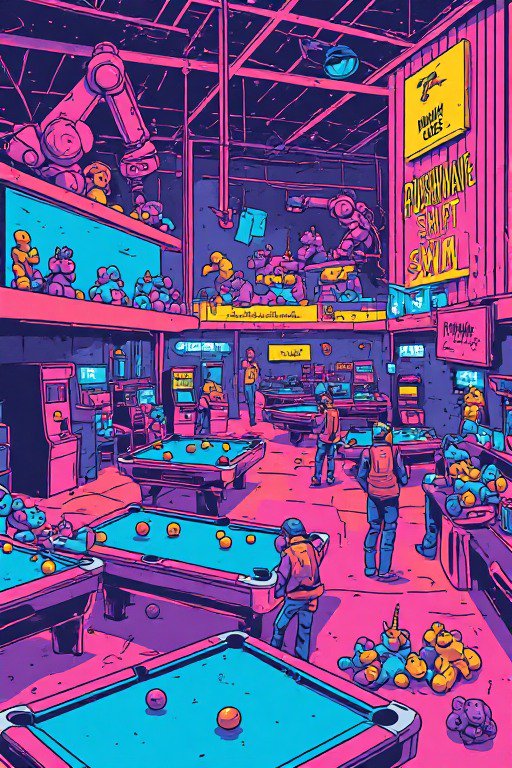 Vibrant synthwave arcade interior with pool tables, claw machines, and bold hot pink and cyan color palette