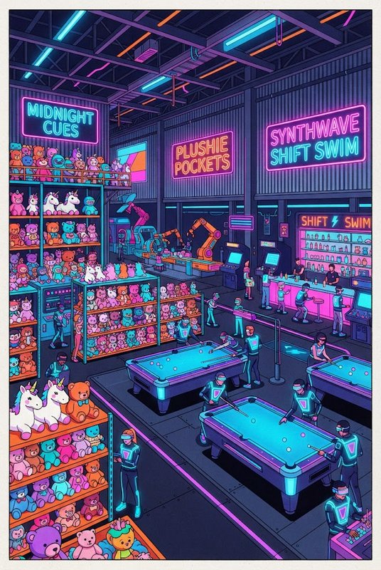Neon lit futuristic synthwave warehouse arcade with pool tables, plush toy shelves and staff in VR headsets