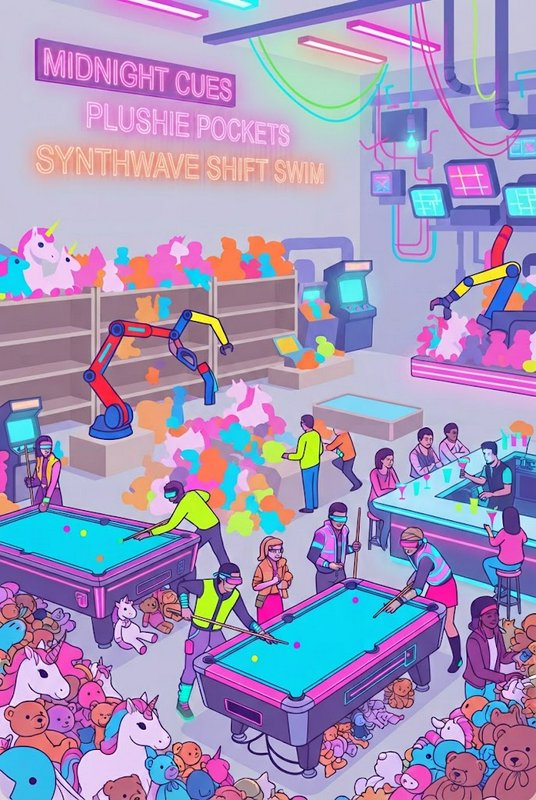 Pastel synthwave illustration of a game room with pool tables, people, plush toy piles and robotic arms