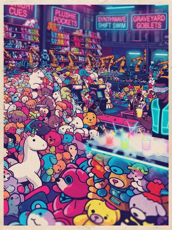Cyberpunk synthwave arcade bar packed full of colorful plush toys and neon signage