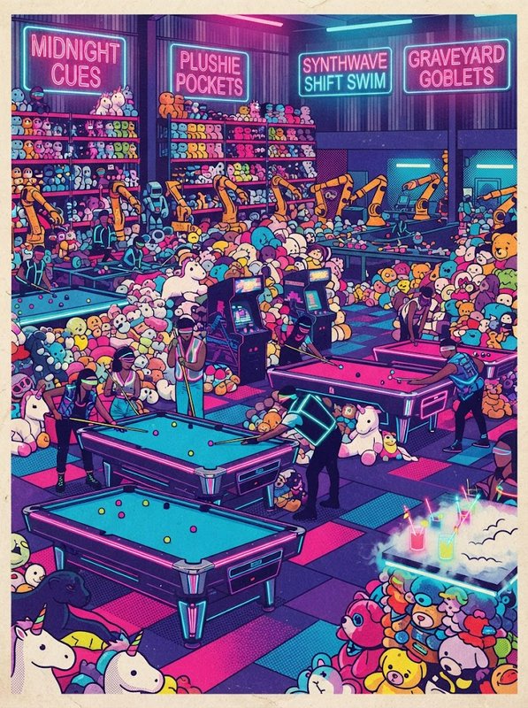 Vibrant synthwave illustration of workers playing pool in a neon-lit factory overflowing with colorful stuffed plush toys