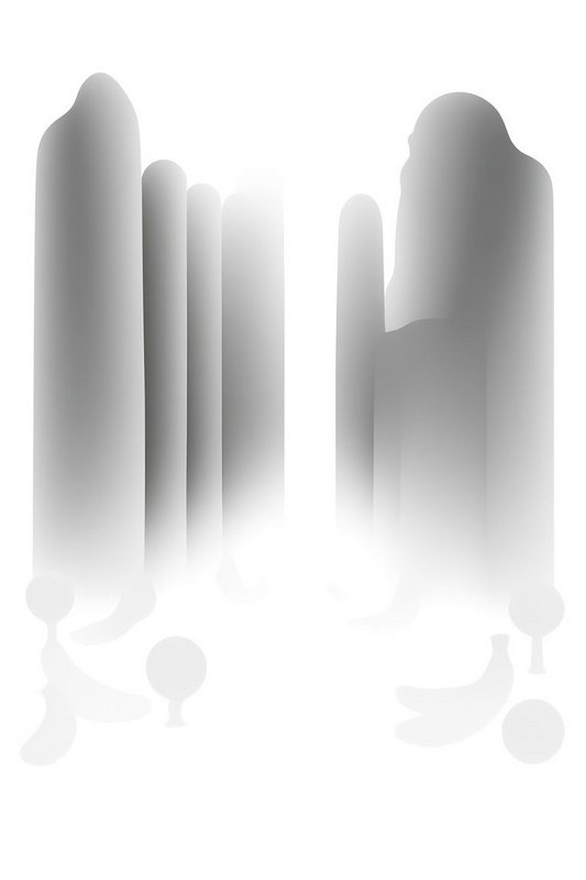 Ethereal grayscale abstract column forms fade into bright white background with faint fruit silhouettes at their base