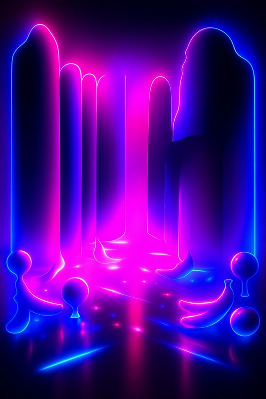 Glowing neon surreal hallway with outlined fruit rendered in bright pink and electric blue against a dark background
