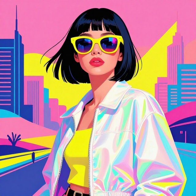 Stylish woman in bright yellow sunglasses and iridescent jacket against a vibrant retro city skyline