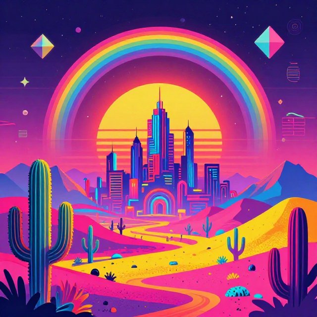 Vibrant retro-futuristic desert city framed by a glowing rainbow arch under a starry twilight sky