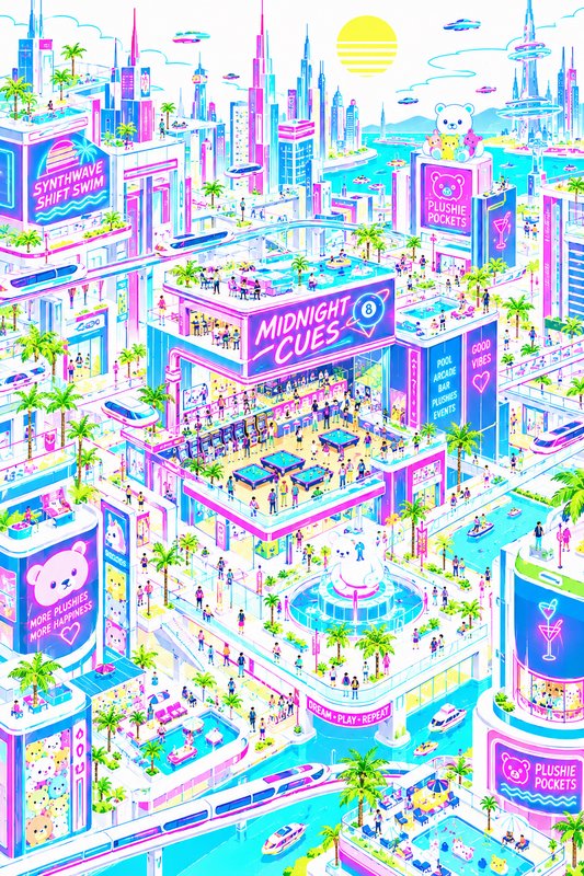 Bright isometric synthwave futuristic city with neon signage, arcades, waterways and palm trees
