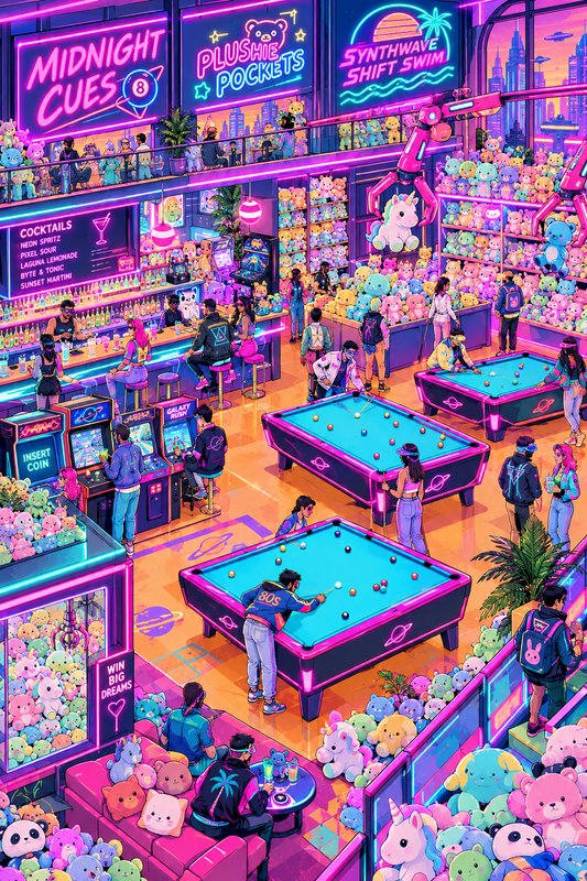Vibrant neon synthwave arcade lounge with pool tables, claw machines, plush toys, and visiting patrons