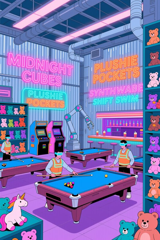 Synthwave arcade game room with VR players playing pool, neon signs, plush toys and retro arcade cabinets