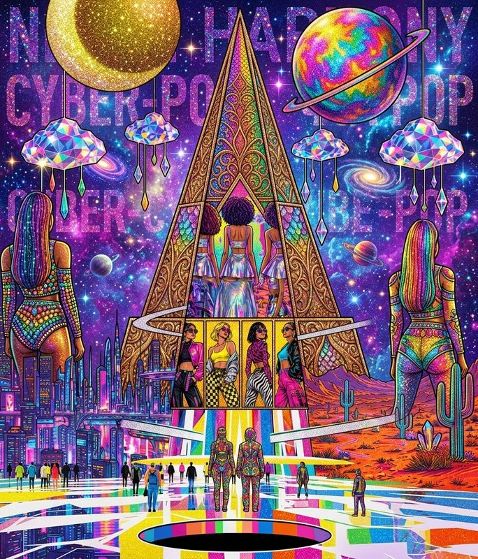 Maximalist psychedelic cyber-pop illustration of futuristic figures approaching an ornate portal under a cosmic starry sky