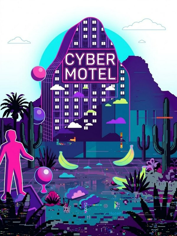 Surreal vaporwave illustration of a Cyber Motel, floating bananas, desert cacti, and a bright pink abstract humanoid figure