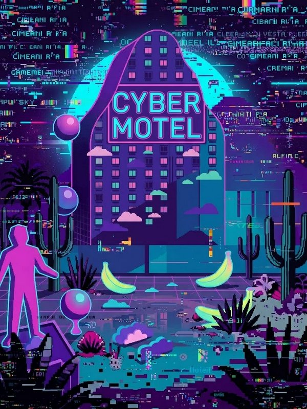 Glitchy retro pixel art of a neon Cyber Motel with surreal desert elements and digital distortion effects