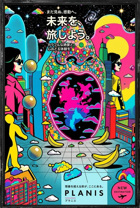 Vibrant psychedelic pop art travel poster featuring a surreal futuristic portal, stylized figures and whimsical city details