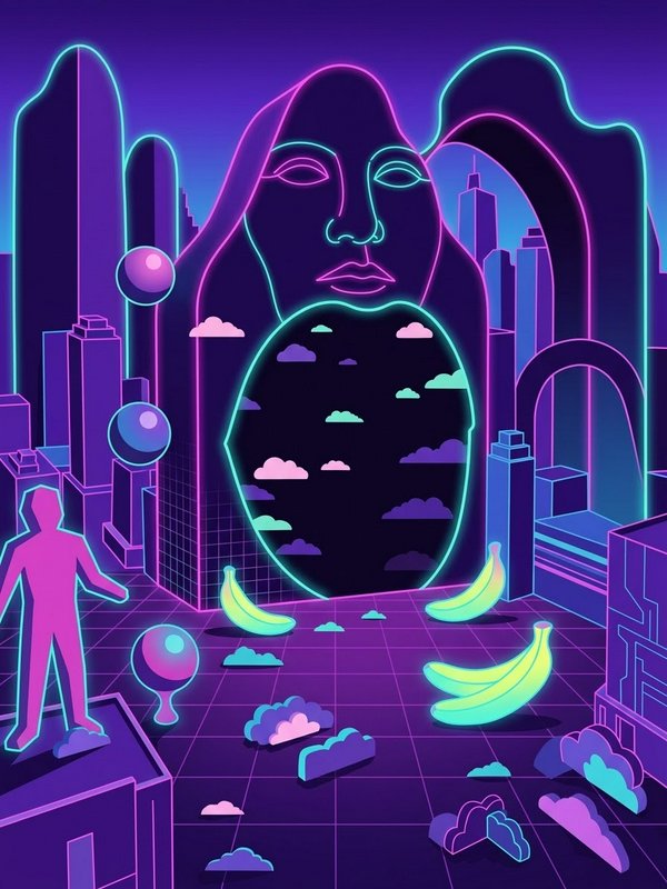 Surreal neon vaporwave cityscape with a giant outlined face, floating glowing bananas and retro grid floor