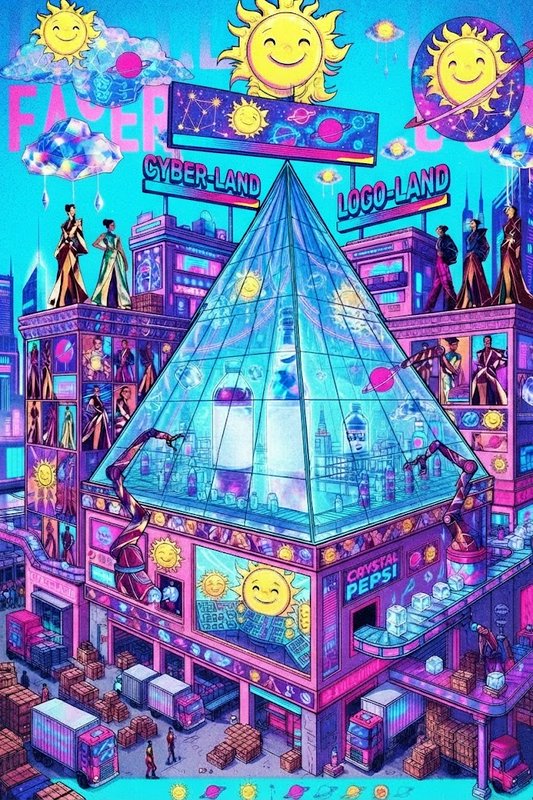 Surreal retro-futuristic cyberpunk cityscape with a central glass pyramid building, playful smiling sun mascots and bright