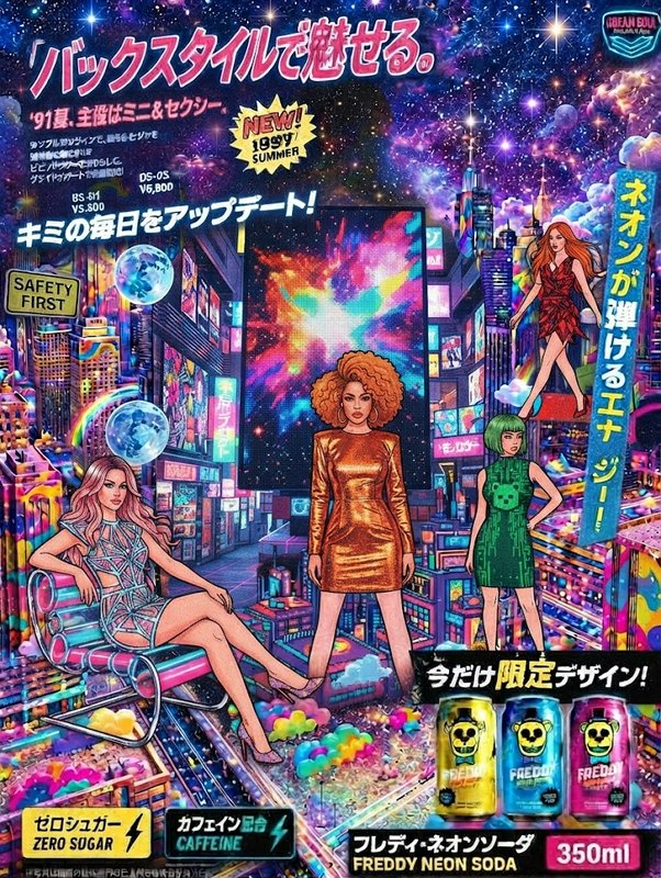 Retro cyberpunk Japanese soda ad featuring fashionable women over a psychedelic futuristic neon cityscape