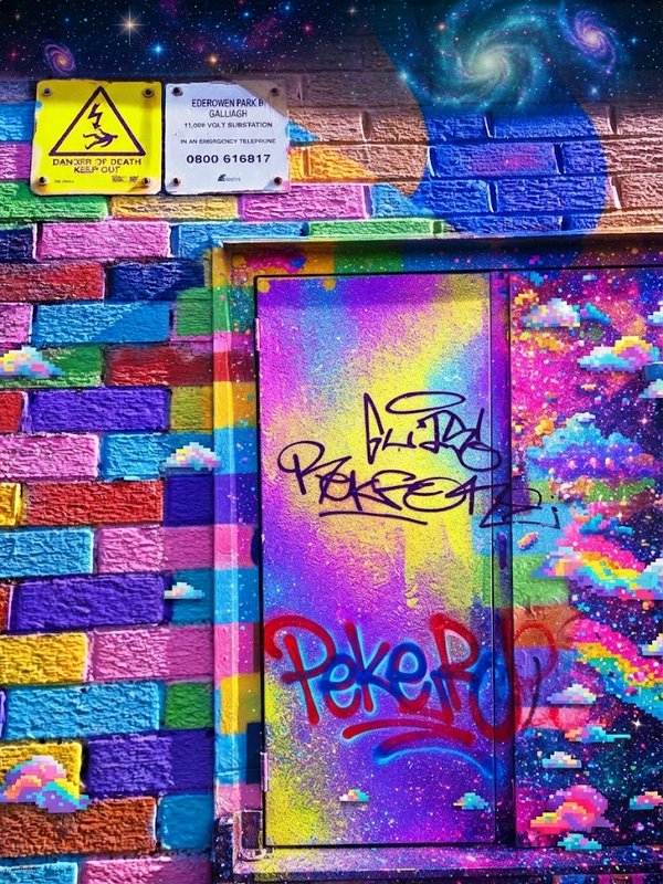Vibrant rainbow painted brick wall with cosmic graffiti, warning signs, and spray painted substat...