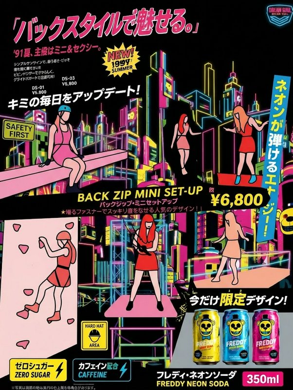 Retro 1990s Japanese cyberpunk ad with neon city, illustrated women, and Freddy neon soda cans