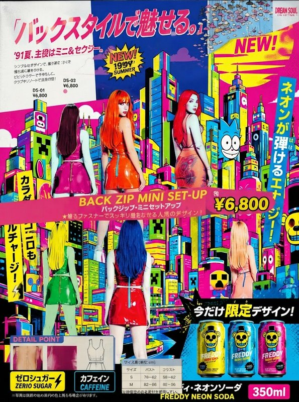Surreal retro-futuristic Japanese fashion ad featuring illustrated models, neon city skyline and ...