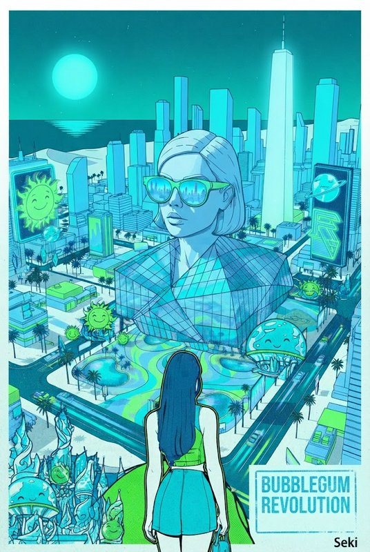 Woman standing overlooking a surreal retro-futuristic coastal city with a giant stylized statue