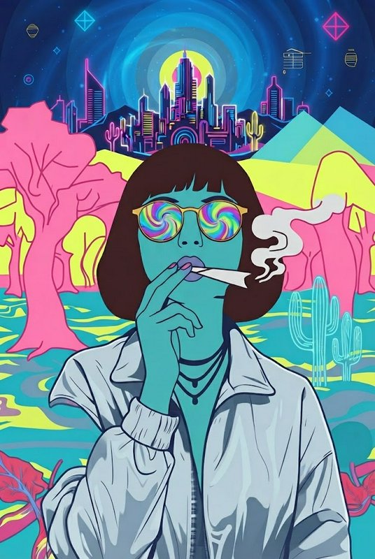 Teal-skinned woman with rainbow spiral sunglasses smoking against a vibrant surreal neon fantasy ...