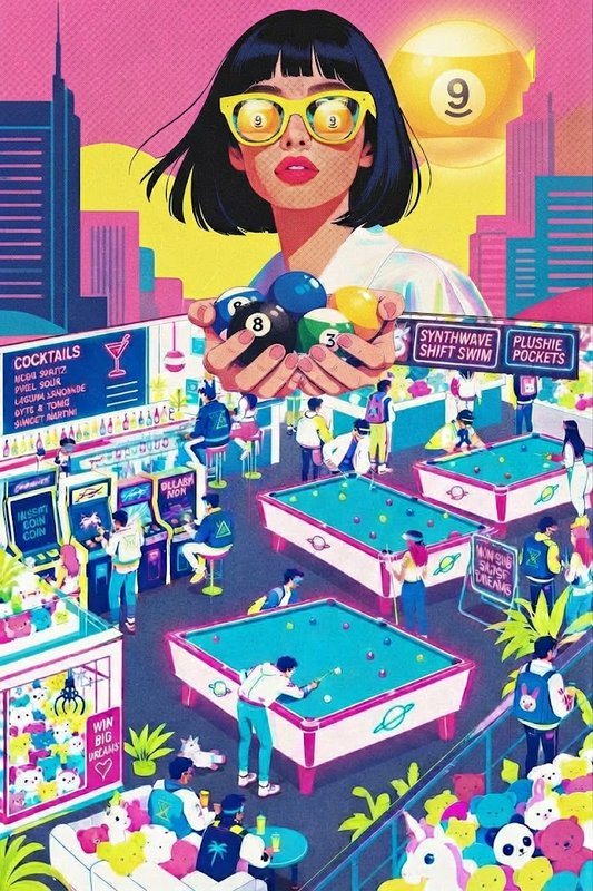 Surreal synthwave illustration of a giant woman holding pool balls over a vibrant neon arcade lounge