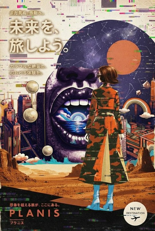 Surreal retro-futuristic travel poster showing a woman standing before a giant surreal mouth port...