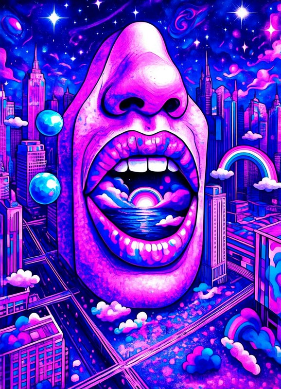 Giant disembodied floating face with an ocean inside its open mouth hovers over a neon psychedeli...