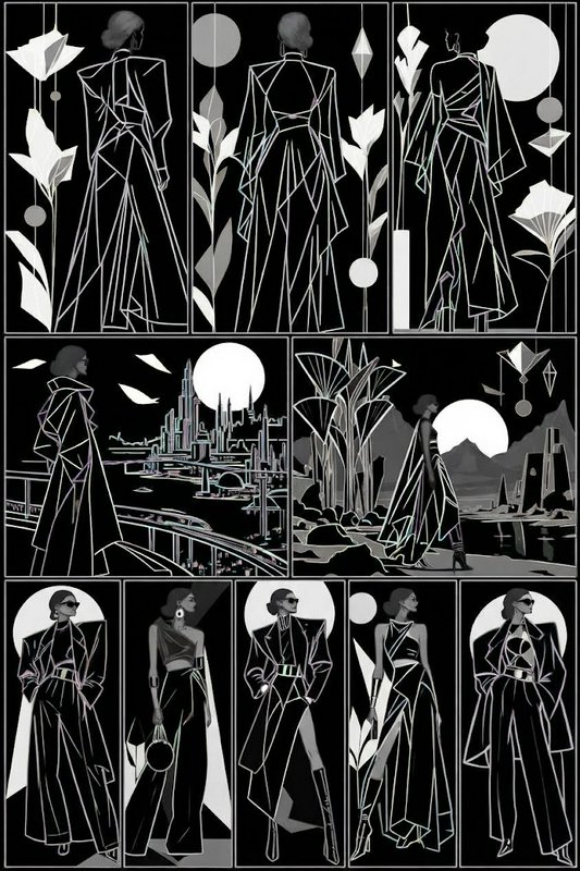 Grid of monochrome geometric fashion illustrations showcasing elegant avant-garde womenswear agai...