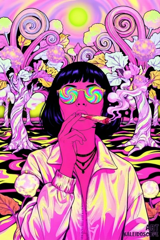 Woman with spiral psychedelic sunglasses smoking in a swirling neon surreal forest