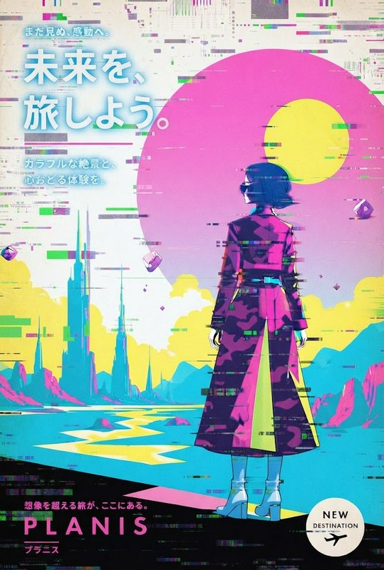 Anime woman in a long coat overlooks a glitchy vaporwave futuristic landscape with Japanese promotional travel text.